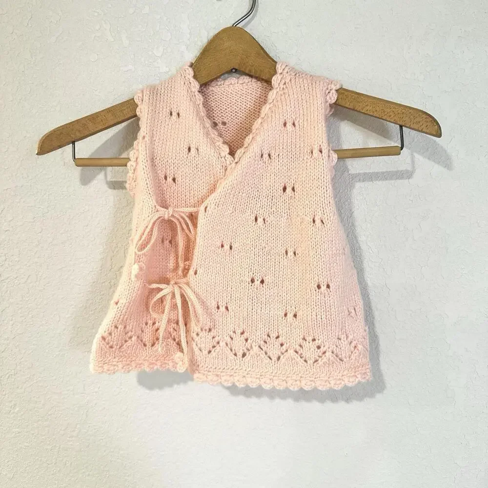 Toddler Girl Knitted Vest Pink String Closure String Eyelets Openwork Lace